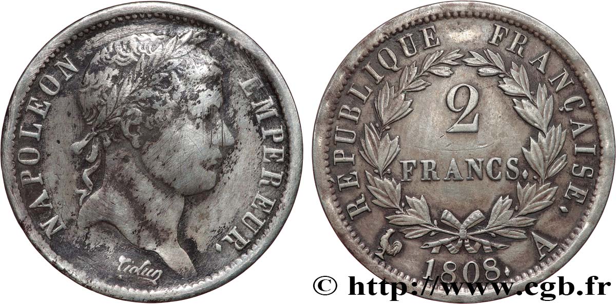 2 francs Napoléon Ier tête laurée, République française 1808 Paris F.254/4 TB 