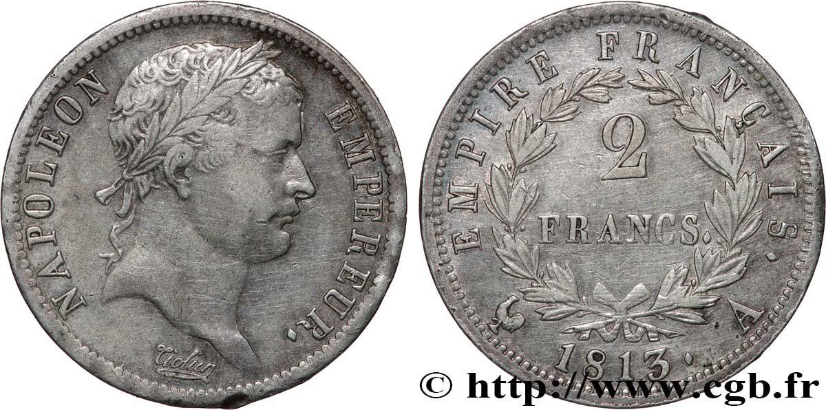 2 francs Napoléon Ier tête laurée, Empire français 1813 Paris F.255/52 MBC 
