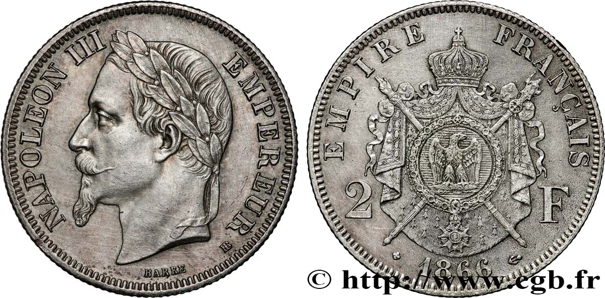 2 francs Napoléon III, tête laurée  1866 Strasbourg F.263/2 TTB+ 