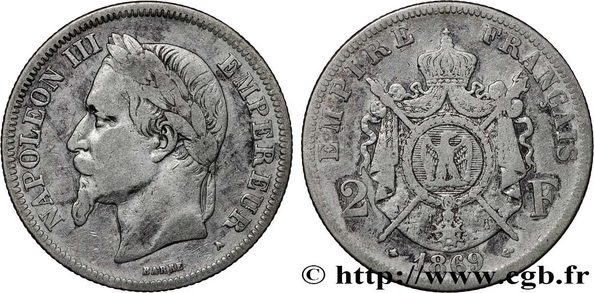 2 francs Napoléon III, tête laurée 1869 Paris F.263/10 MB 