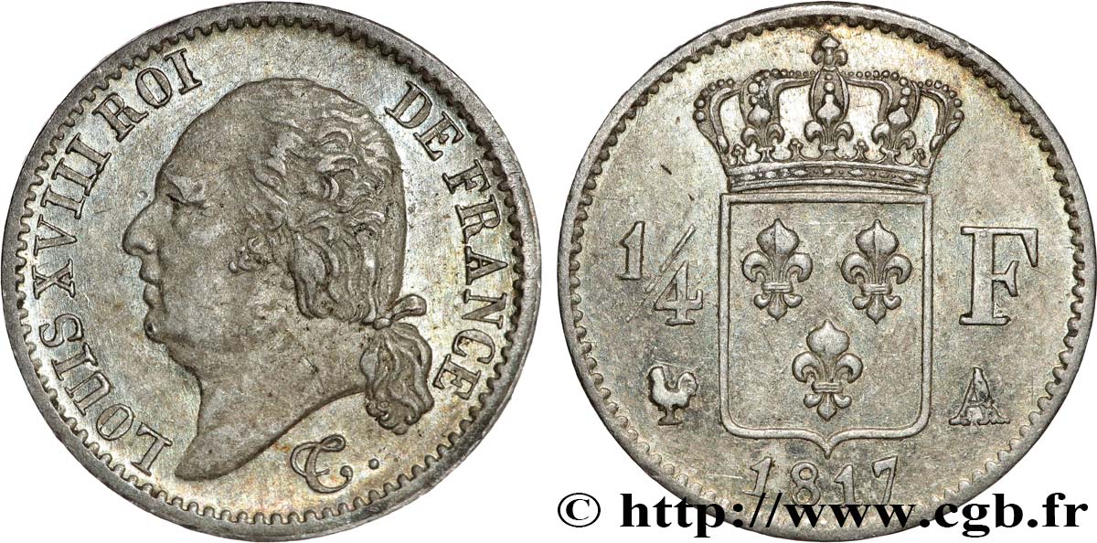 1/4 franc Louis XVIII  1817 Paris F.163/1 AU55 