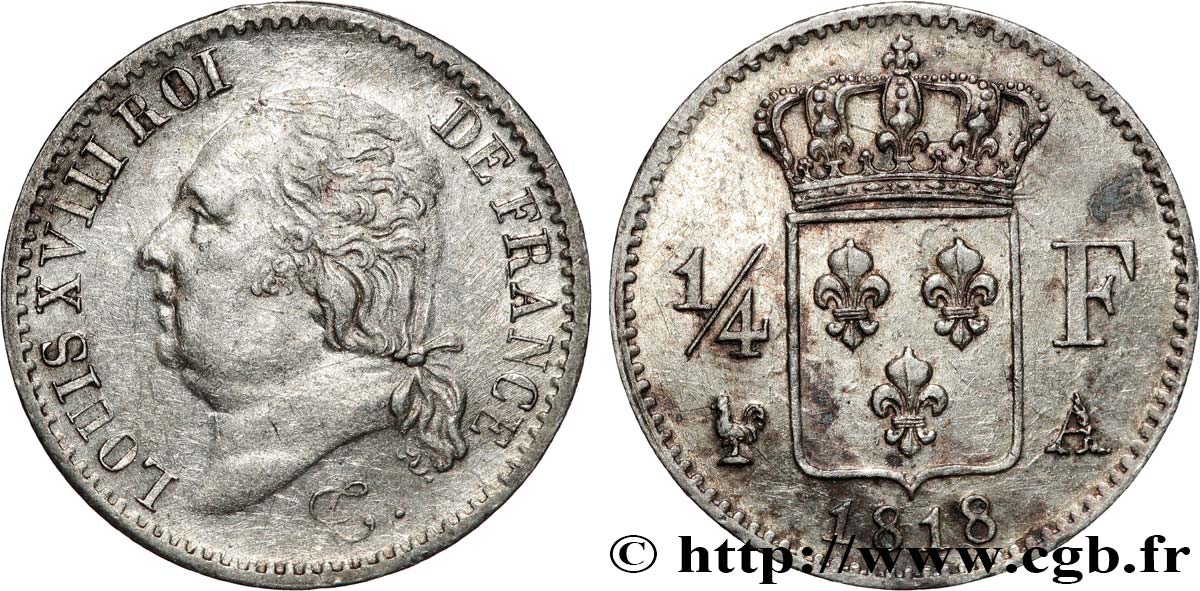 1/4 franc Louis XVIII 1818 Paris F.163/12 AU 