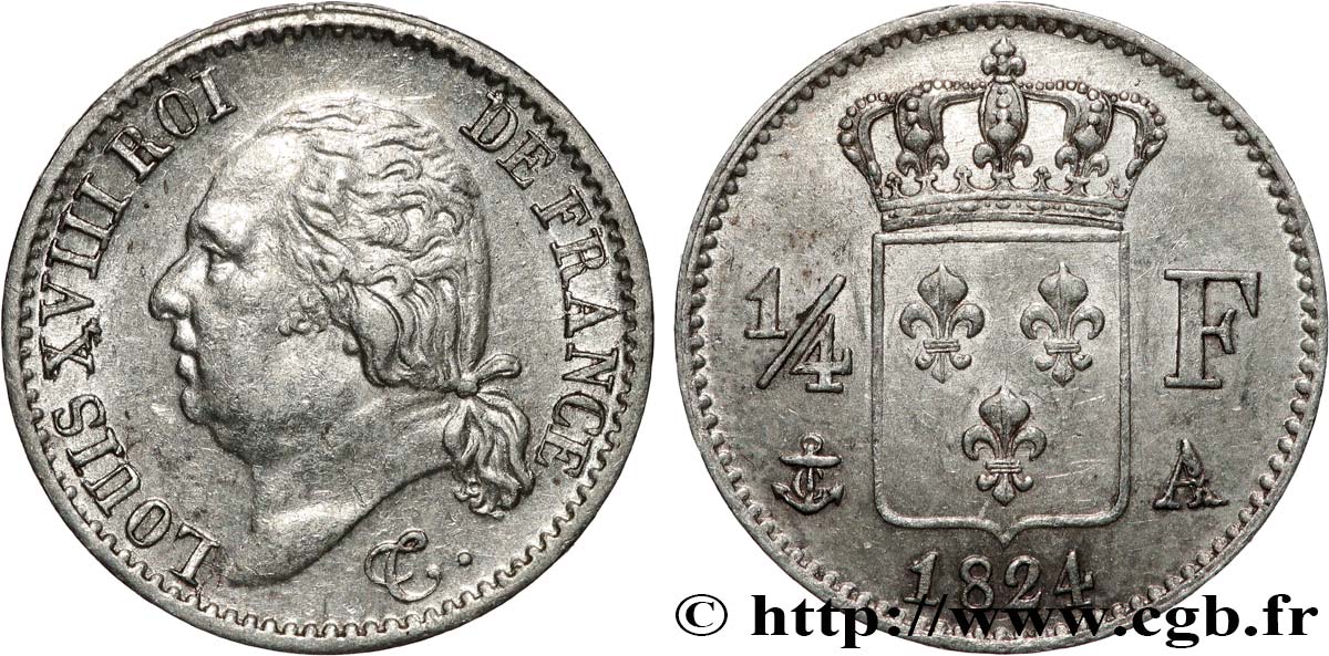 1/4 franc Louis XVIII  1824 Paris F.163/31 AU 
