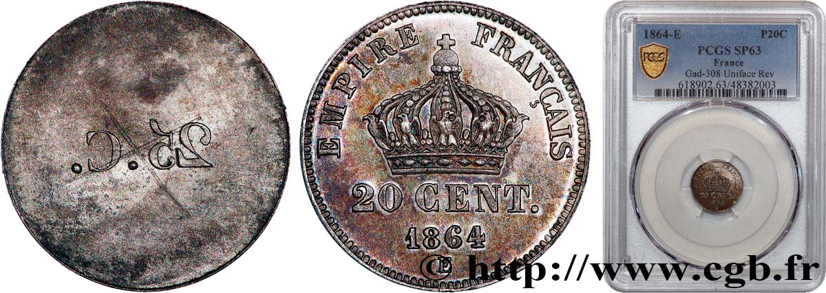 Épreuve uniface de 20 centimes Napoléon III tête laurée, petit module 1864 Paris G.2021.308  SC63 PCGS