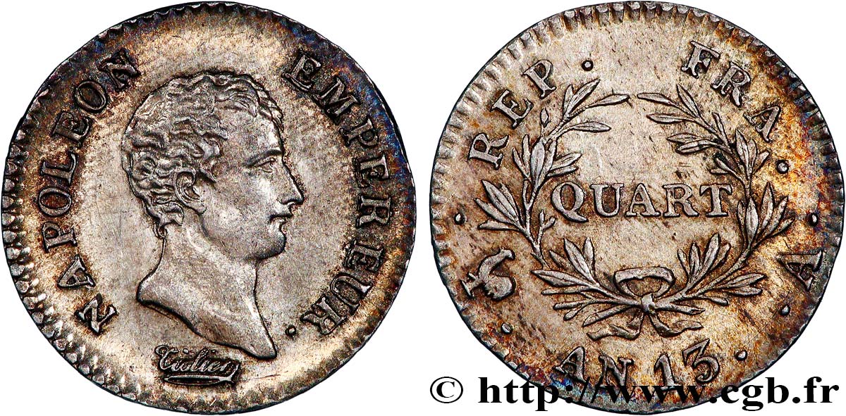 Quart (de franc) Napoléon Empereur, Calendrier révolutionnaire 1805 Paris F.158/8 VZ 