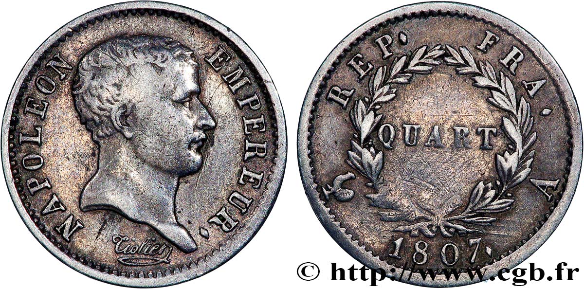 Quart (de franc) Napoléon Empereur, tête de nègre 1807 Paris F.160/1 TB 