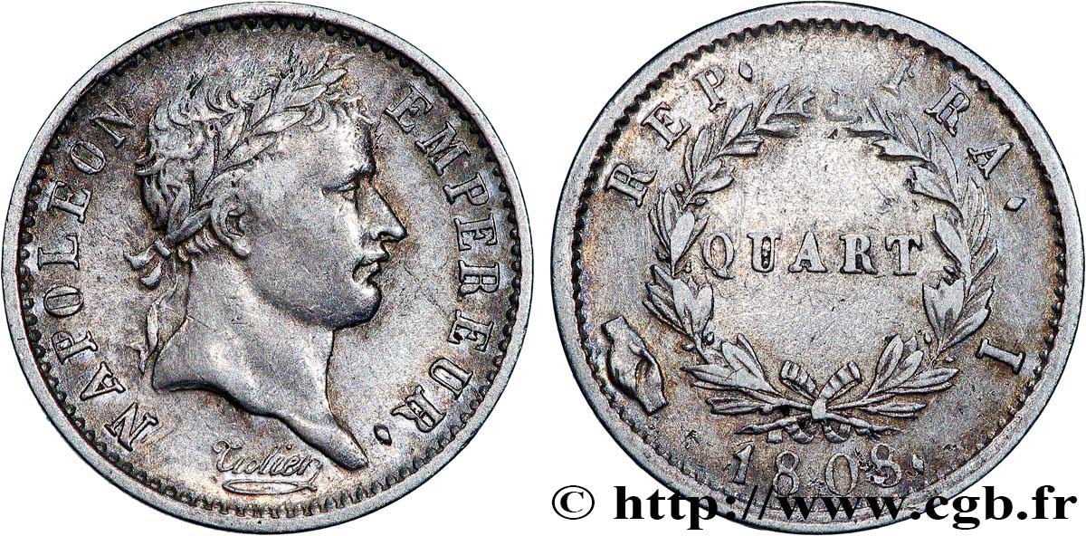 Quart (de franc) Napoléon Ier tête laurée, République française 1808 Limoges F.161/3 VF 