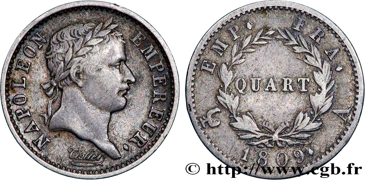 Quart (de franc) Napoléon Ier tête laurée, Empire français 1809 Paris F.162/1 BC35 