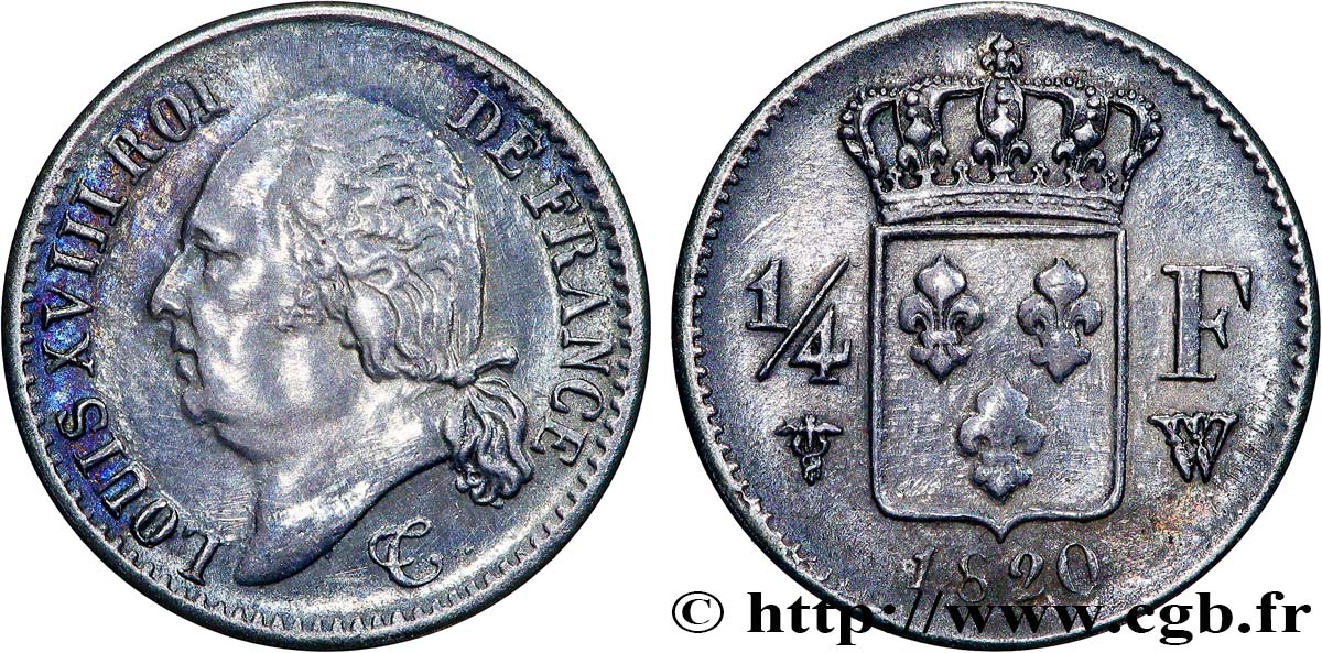 1/4 franc Louis XVIII 1820 Lille F.163/19 TB+ 