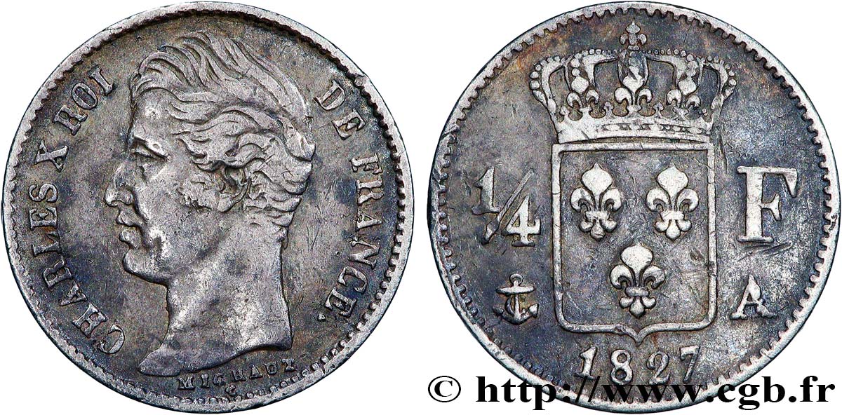 1/4 franc Charles X 1827 Paris F.164/10 VF 