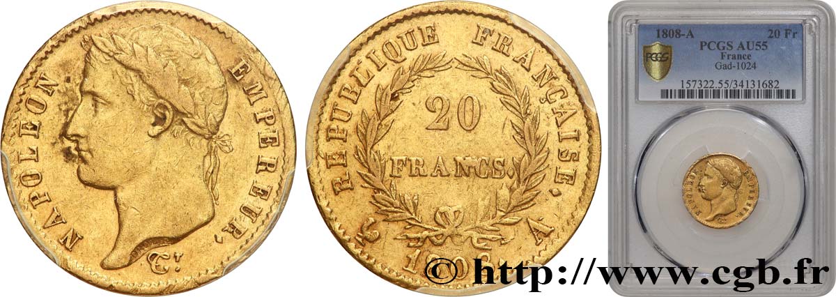 20 francs or Napoléon tête laurée, République française 1808 Paris F.515/2 SUP55 PCGS