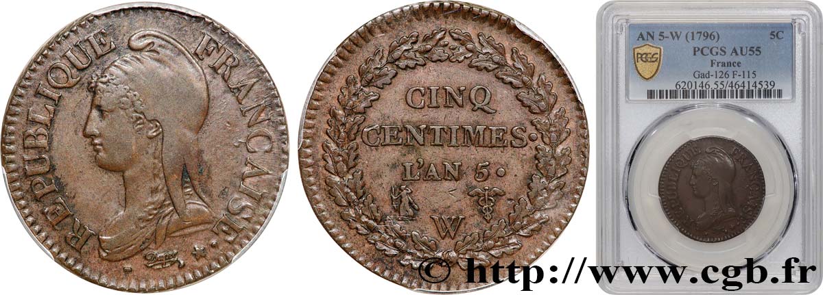 Cinq centimes Dupré, grand module 1797 Lille F.115/31 AU55 PCGS