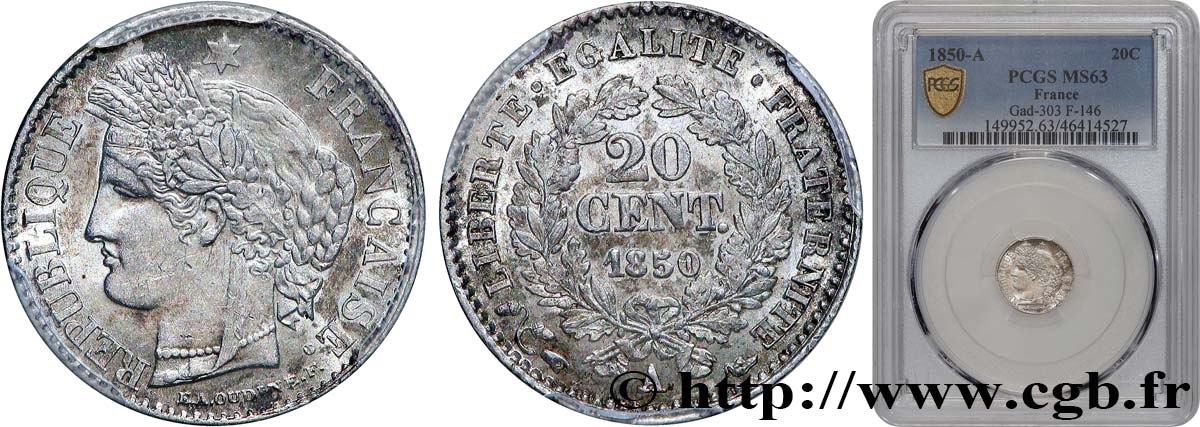 20 centimes Cérès, IIe République 1850 Paris F.146/3 MS63 PCGS