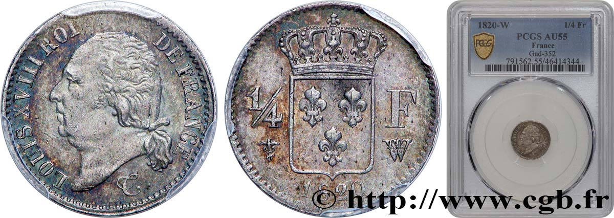 1/4 franc Louis XVIII 1820 Lille F.163/19 AU55 PCGS