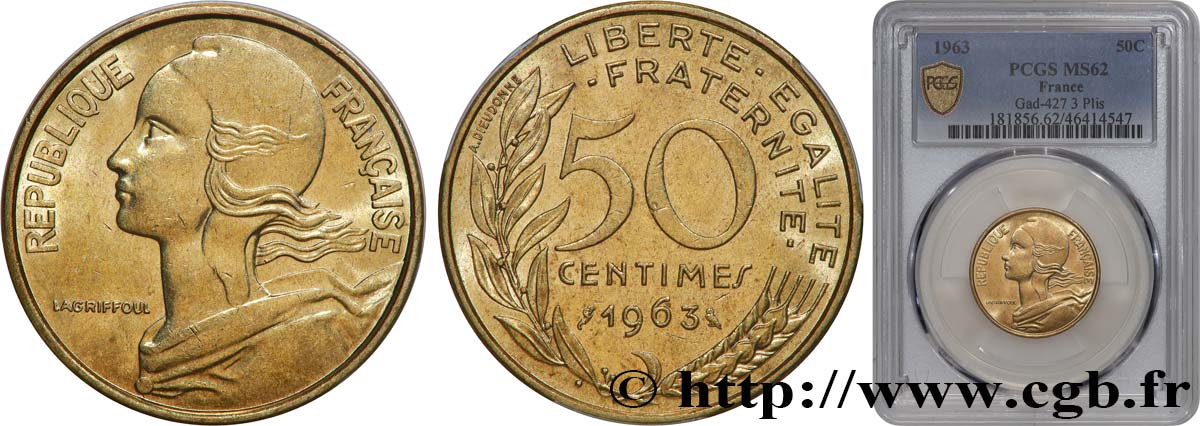 50 centimes Marianne, col à trois plis 1963 Paris F.197/4 VZ62 PCGS