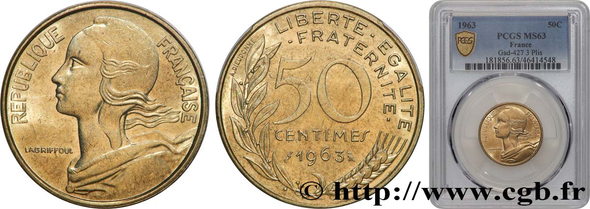 50 centimes Marianne, col à trois plis 1963 Paris F.197/4 SC63 PCGS