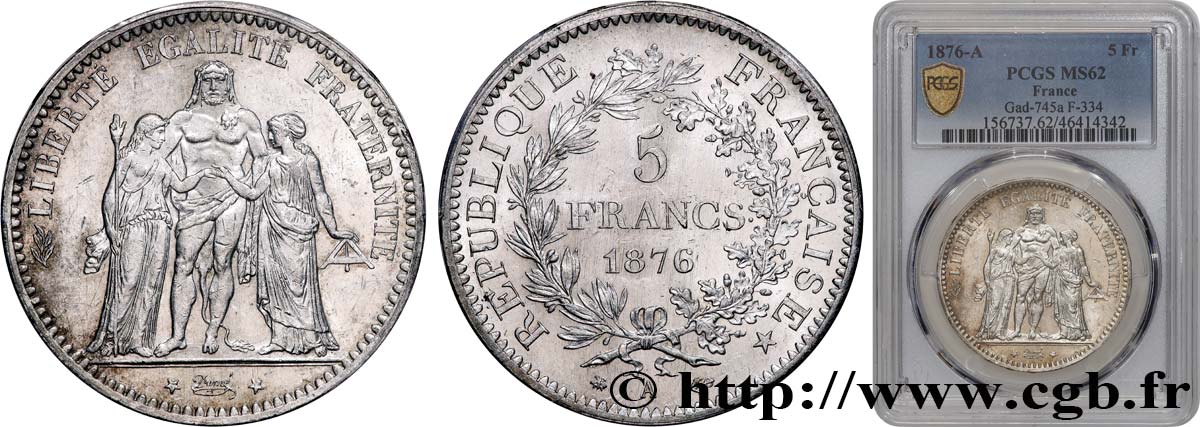 5 francs Hercule 1876 Paris F.334/17 SUP62 PCGS