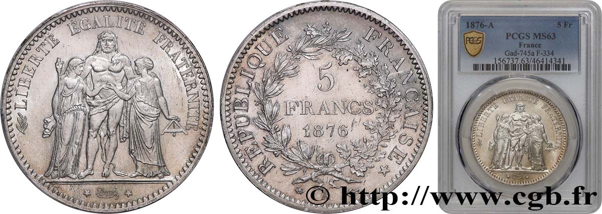 5 francs Hercule 1876 Paris F.334/17 MS63 PCGS