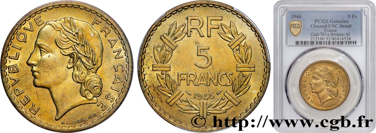 5 francs Lavrillier, bronze-aluminium 1946  F.337/7 VZ+ PCGS