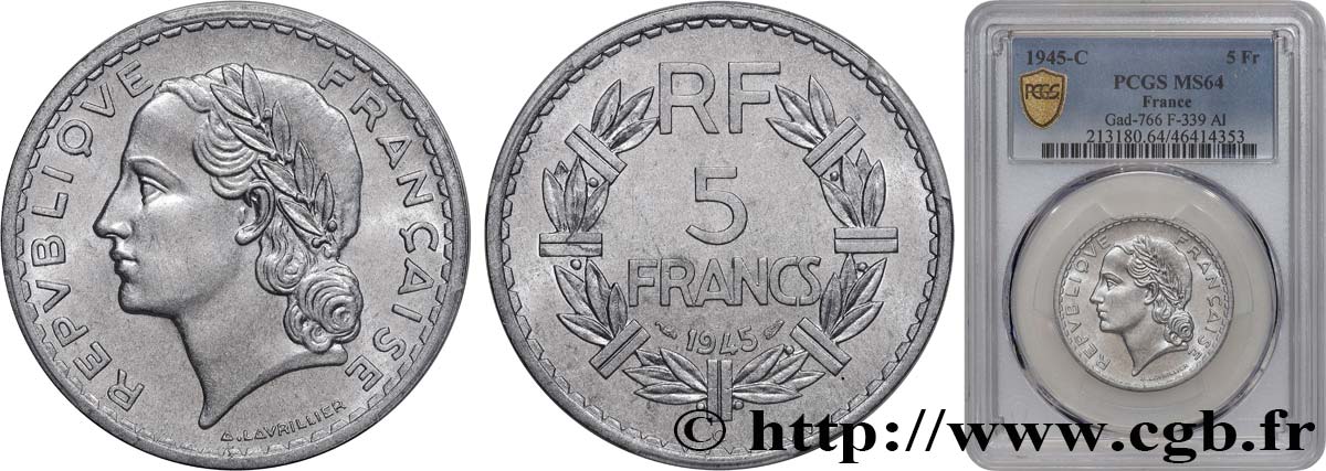 5 francs Lavrillier, aluminium 1945 Castelsarrasin F.339/5 SC64 PCGS