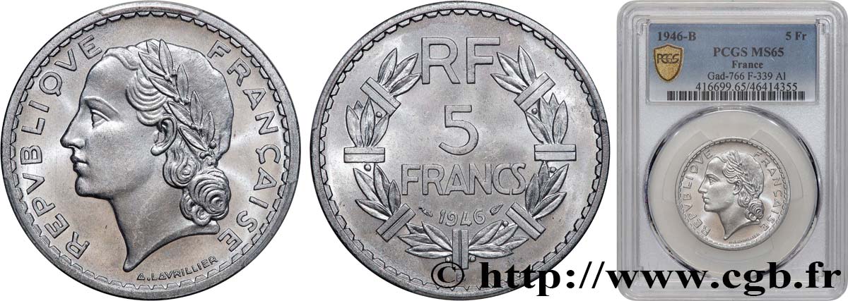 5 francs Lavrillier, aluminium 1946 Beaumont-Le-Roger F.339/7 ST65 PCGS