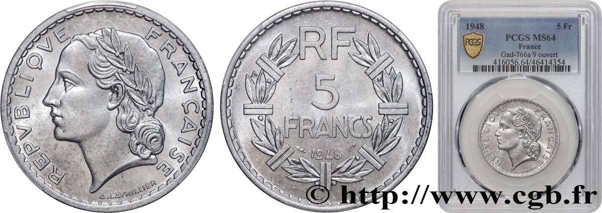 5 francs Lavrillier, aluminium, 9 ouvert 1948  F.339/13 SPL64 PCGS