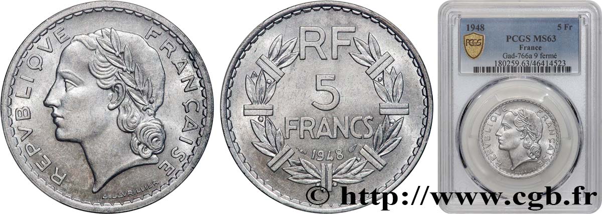 5 francs Lavrillier, aluminium, 9 fermé 1948  F.339/14 SPL63 PCGS