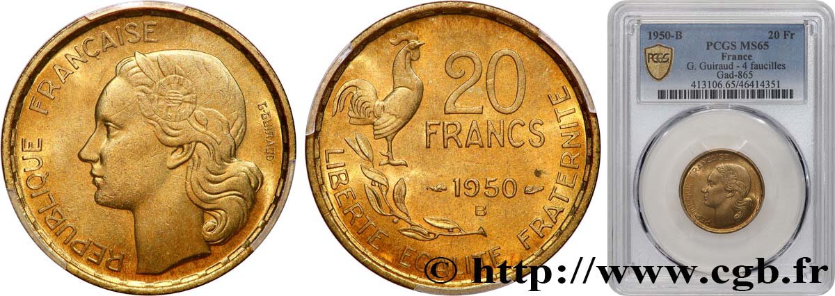 20 francs G. Guiraud 1950 Beaumont-Le-Roger F.402/4 FDC65 PCGS