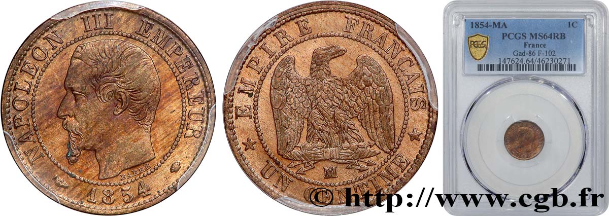 Un centime Napoléon III, tête nue 1854 Marseille F.102/14 SPL64 PCGS