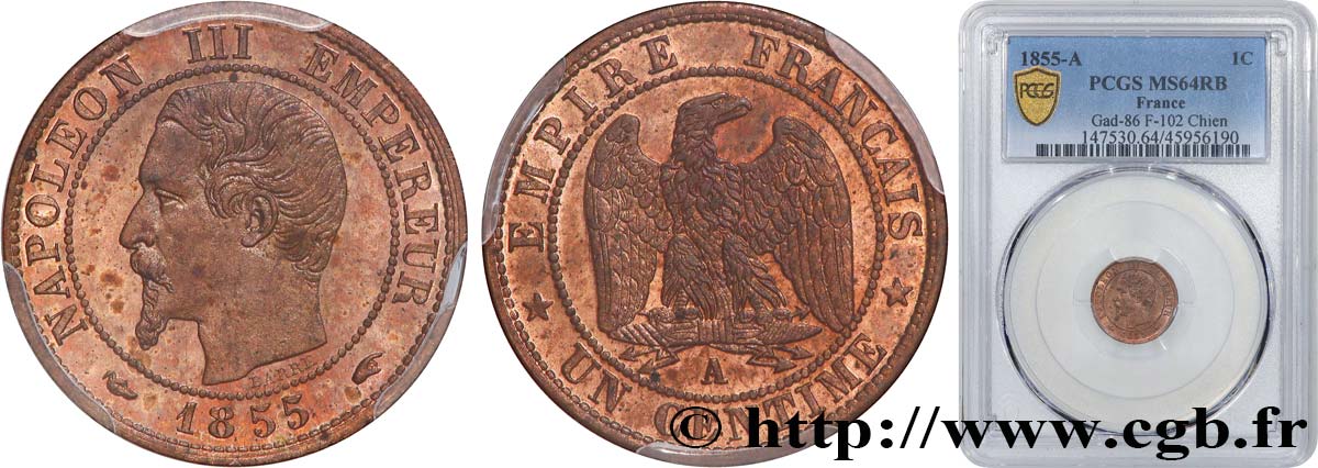 Un centime Napoléon III, tête nue, différent levrette 1855 Paris F.102/15 SC64 PCGS