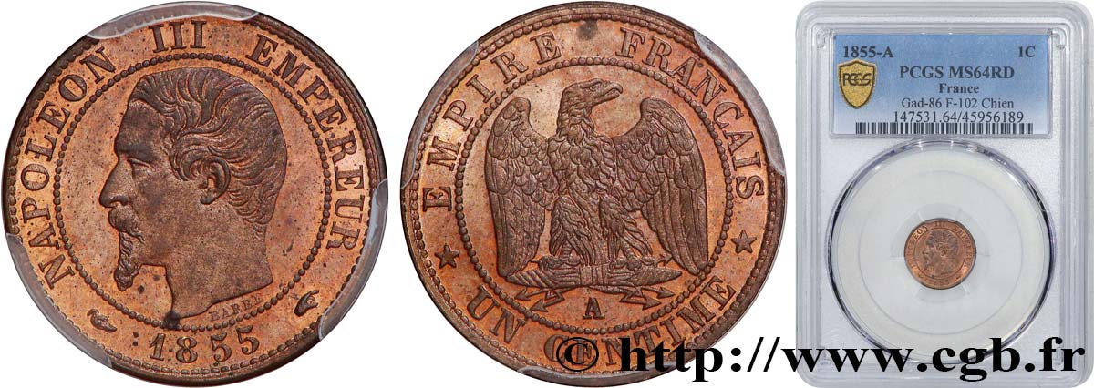 Un centime Napoléon III, tête nue, différent levrette 1855 Paris F.102/15 SPL64 PCGS