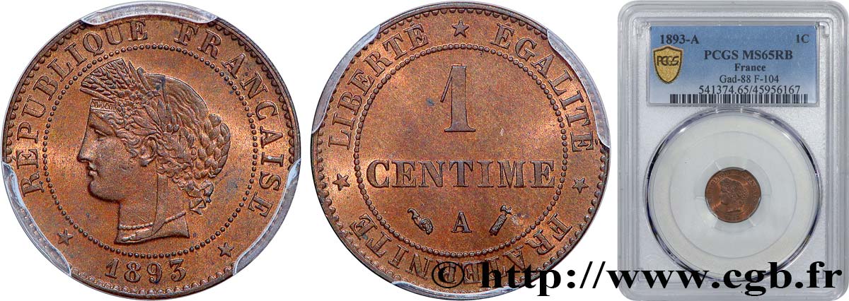 1 centime Cérès 1893 Paris F.104/20 MS65 PCGS