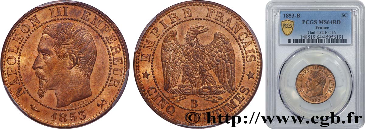 Cinq centimes Napoléon III, tête nue 1853 Rouen F.116/2 SPL64 PCGS