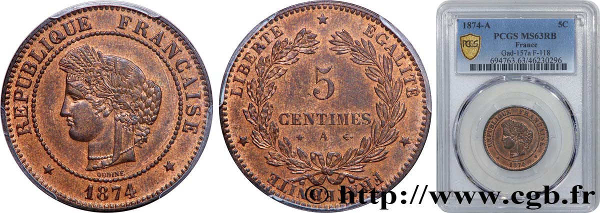 5 centimes Cérès 1874 Paris F.118/9 SC63 PCGS