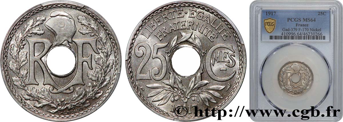 25 centimes Lindauer, Cmes souligné 1917  F.170/5 SPL64 PCGS