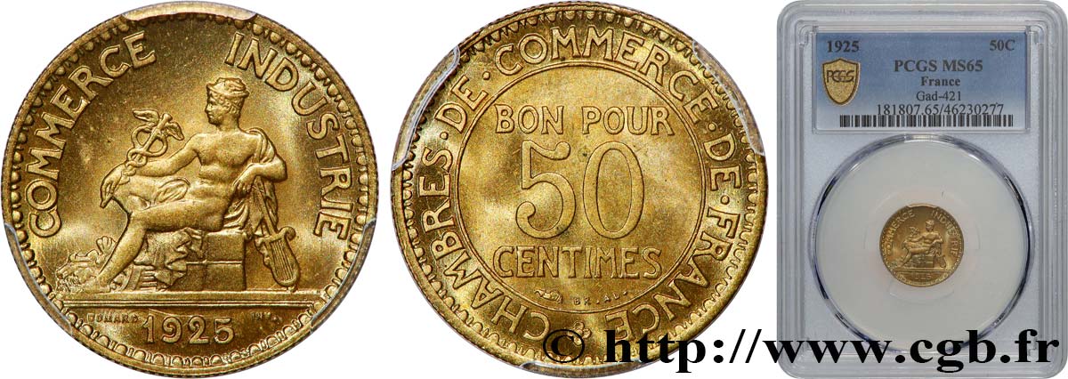 50 centimes Chambres de Commerce 1925 Paris F.191/7 FDC65 PCGS