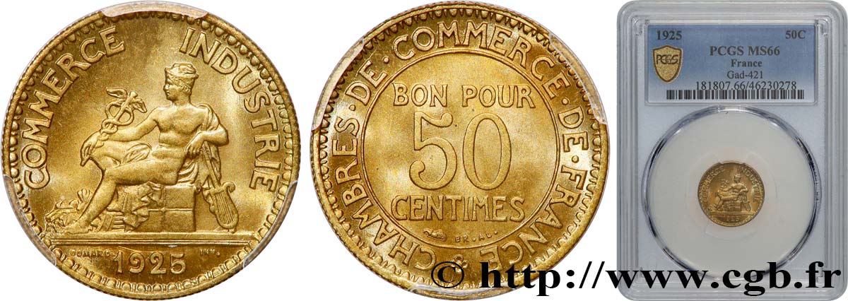 50 centimes Chambres de Commerce 1925 Paris F.191/7 FDC66 PCGS