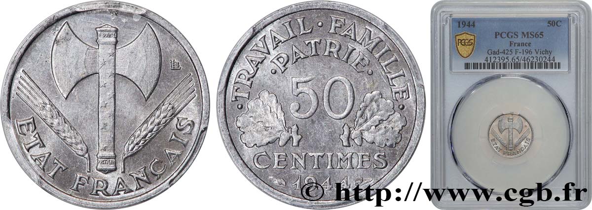 50 centimes Francisque, légère 1944  F.196/4 MS65 PCGS
