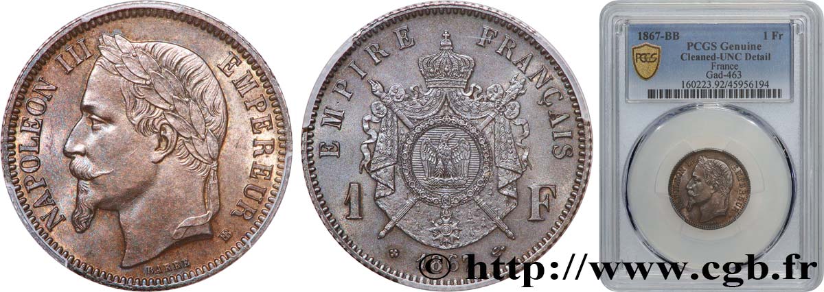 1 franc Napoléon III, tête laurée 1867 Strasbourg F.215/7 VZ+ PCGS