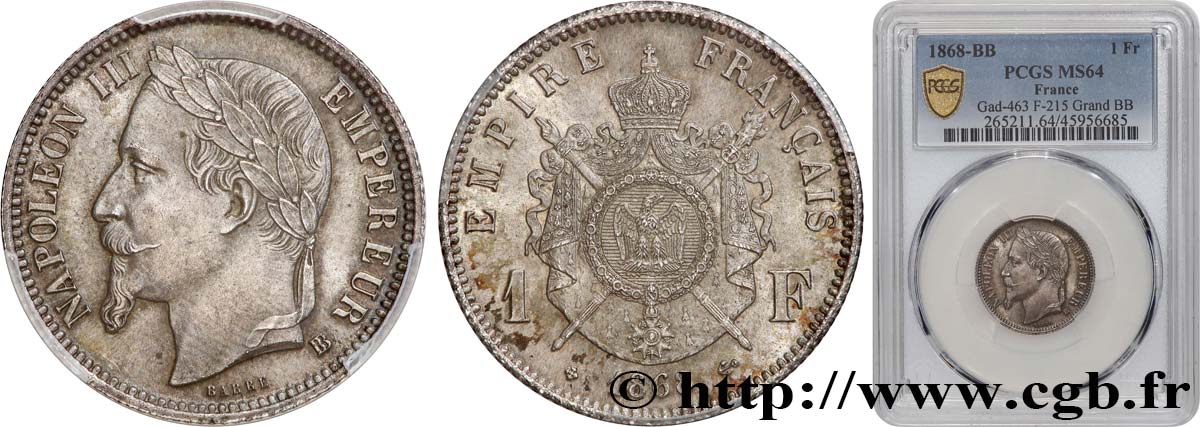 1 franc Napoléon III, tête laurée 1868 Strasbourg F.215/12 SPL64 PCGS