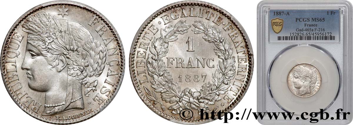1 franc Cérès, IIIe République 1887 Paris F.216/9 FDC65 PCGS