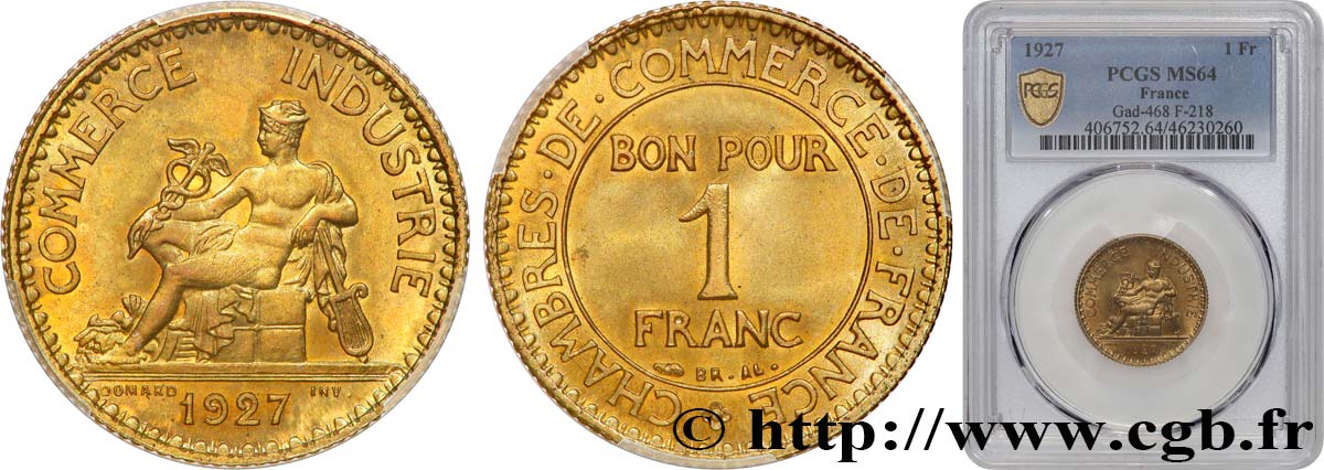1 franc Chambres de Commerce 1927 Paris F.218/9 fST64 PCGS