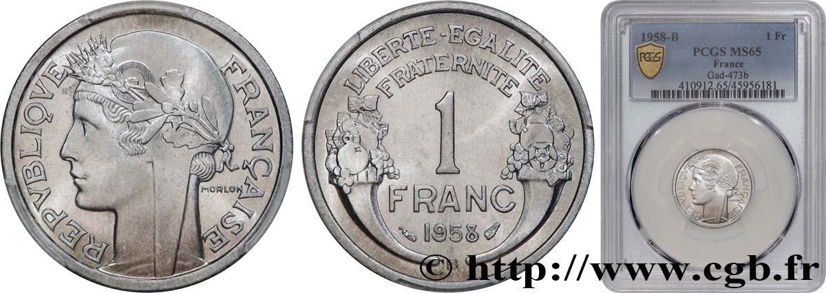 1 franc Morlon, légère 1958 Beaumont-Le-Roger F.221/22 MS65 PCGS