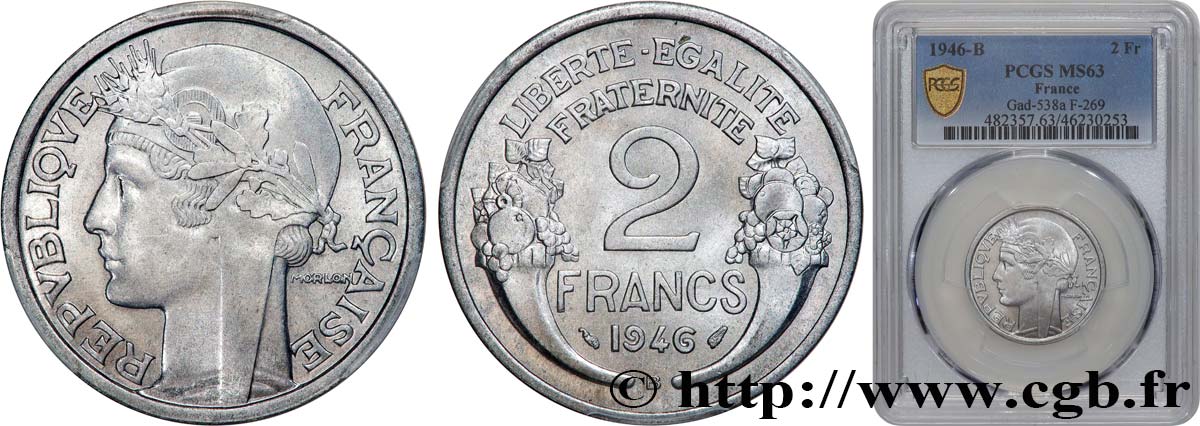 2 francs Morlon, aluminium 1946 Beaumont-Le-Roger F.269/9 SC63 PCGS