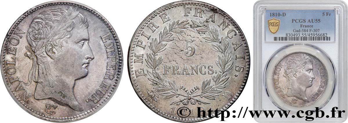 5 francs Napoléon Empereur, Empire français 1810 Lyon F.307/17 AU55 PCGS