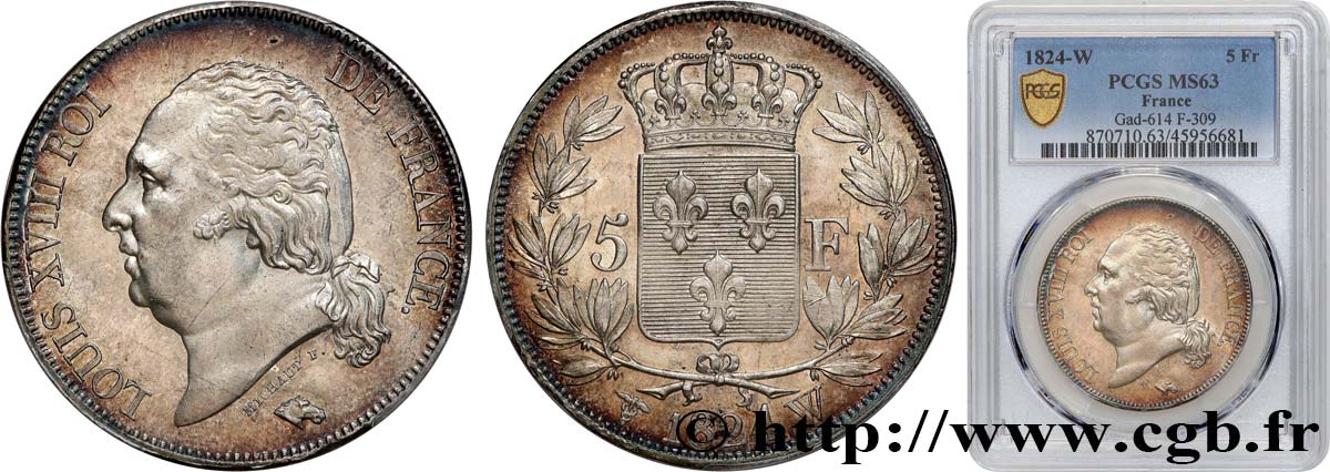 5 francs Louis XVIII, tête nue 1824 Lille F.309/98 SPL63 PCGS