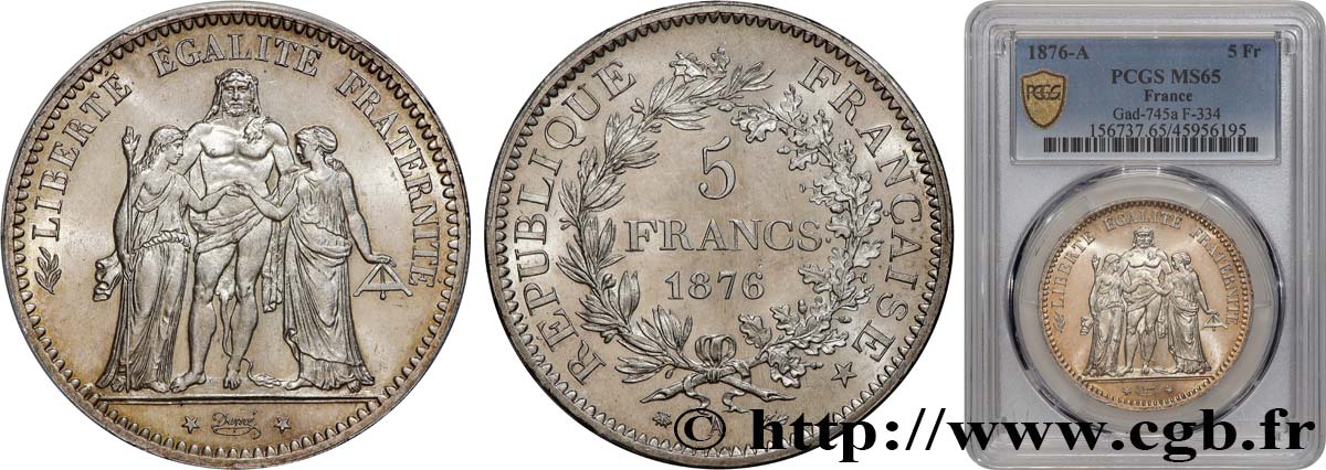 5 francs Hercule 1876 Paris F.334/17 ST65 PCGS