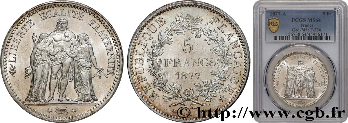 5 francs Hercule 1877 Paris F.334/19 SPL64 PCGS