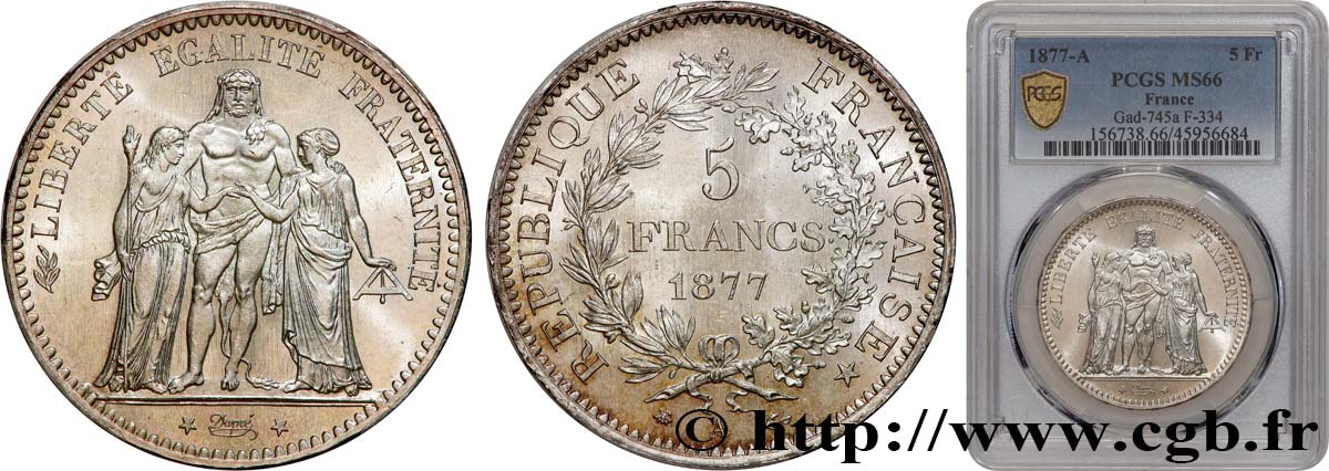 5 francs Hercule 1877 Paris F.334/19 FDC66 PCGS