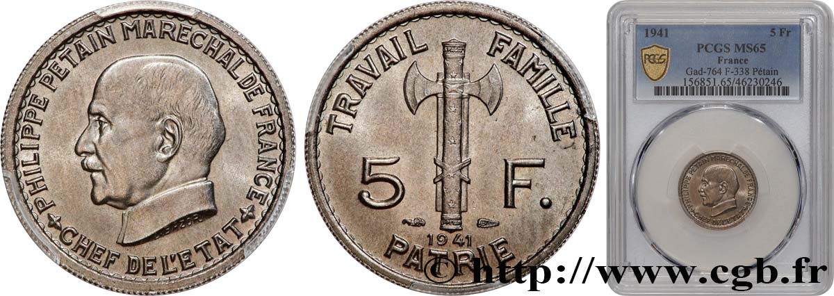 5 francs Pétain  1941  F.338/2 MS65 PCGS